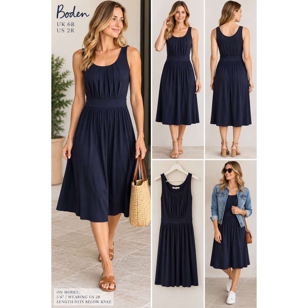 Boden Navy Blue Pleated Sleeveless Jersey Midi Dress US 2R J0206